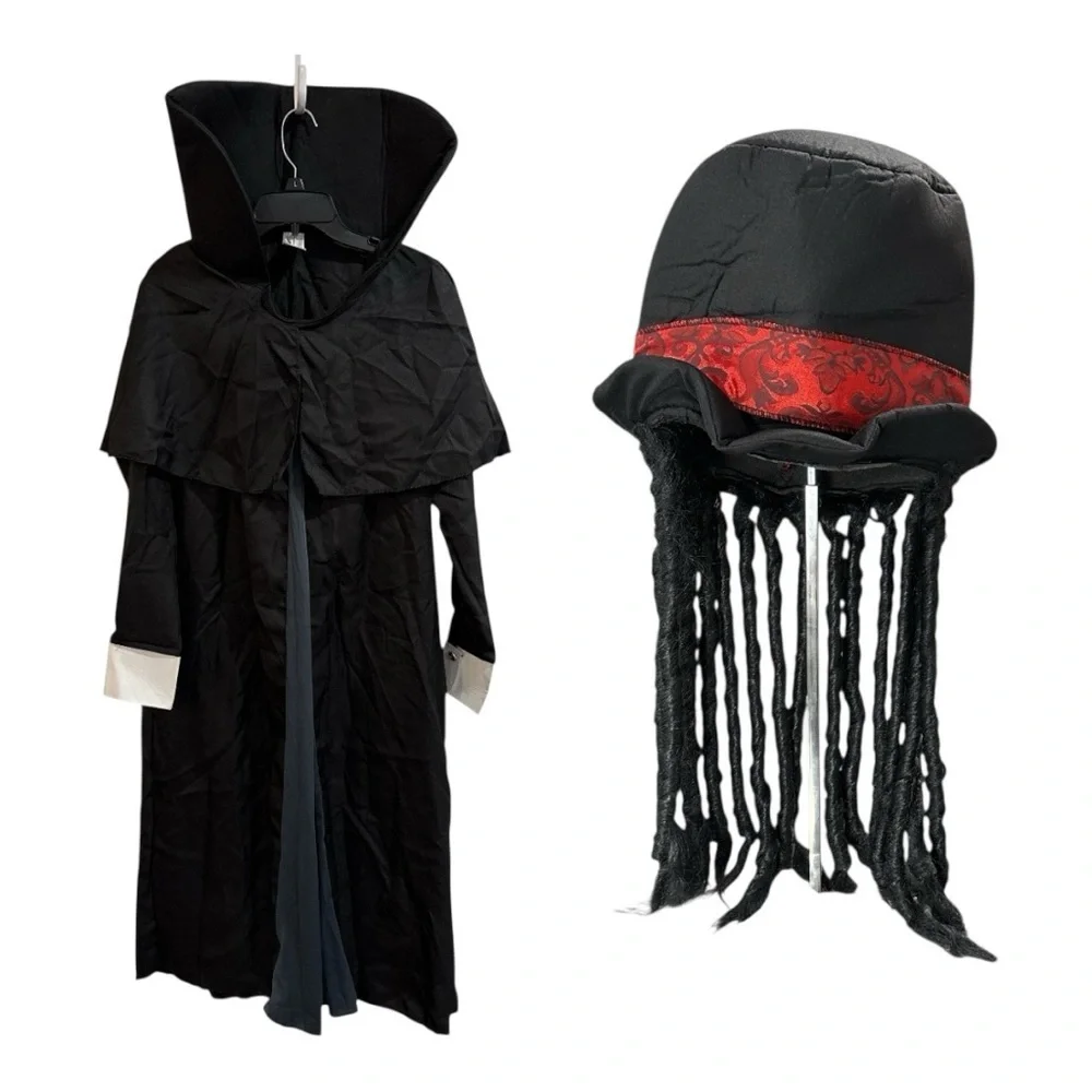 Dapper Death Cape & Hat w/Hair Only Halloween Costume Child Size Large 12-14 - Picture 1 of 6